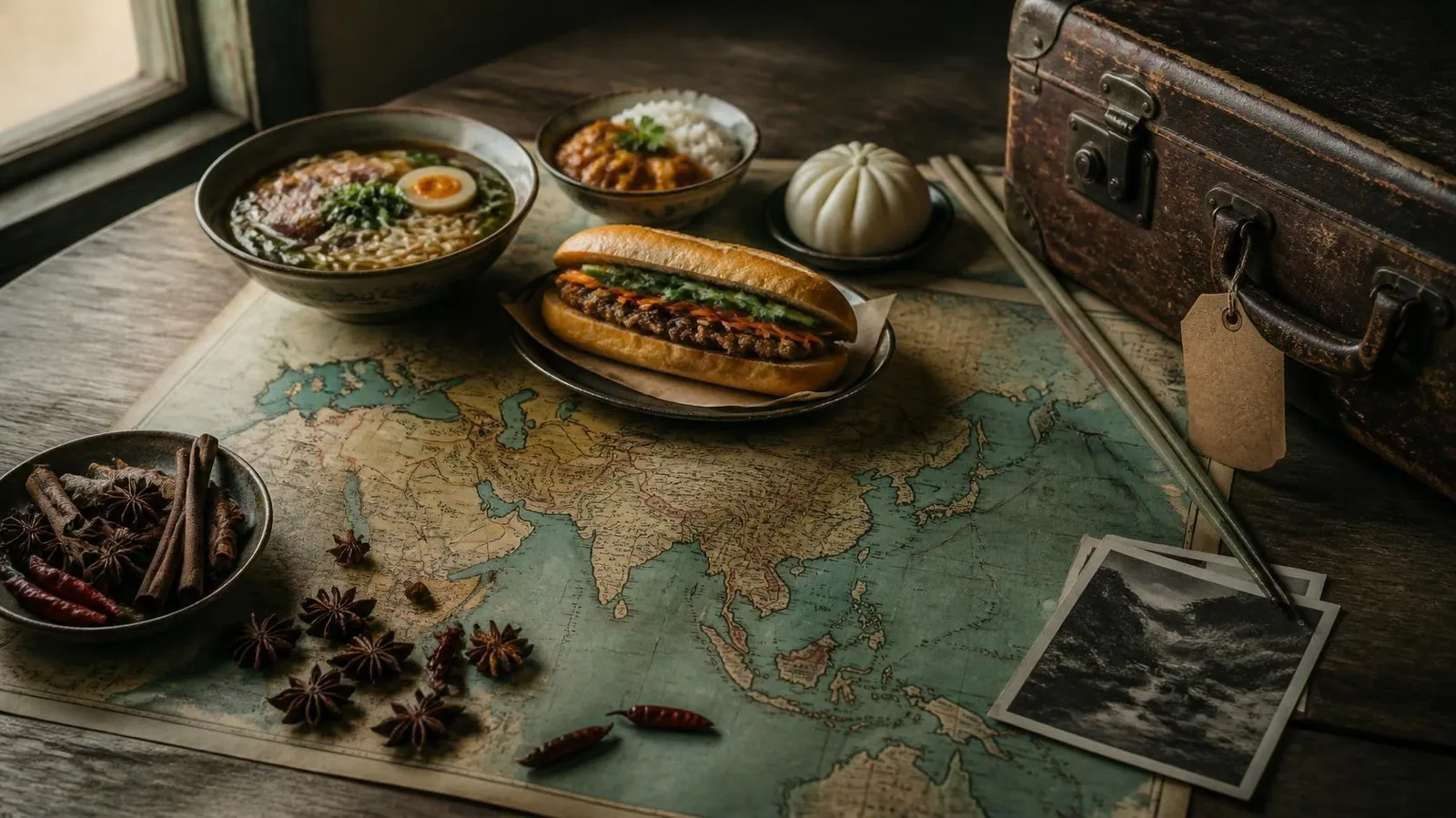 Bowls of ramen, curry and a bánh mì on an old map of Asia, beside spices and a worn suitcase